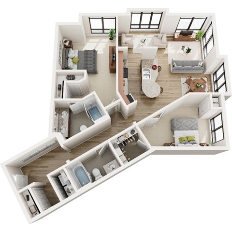 Floor plan for 1 bed, 2 baths, 1249 sqft